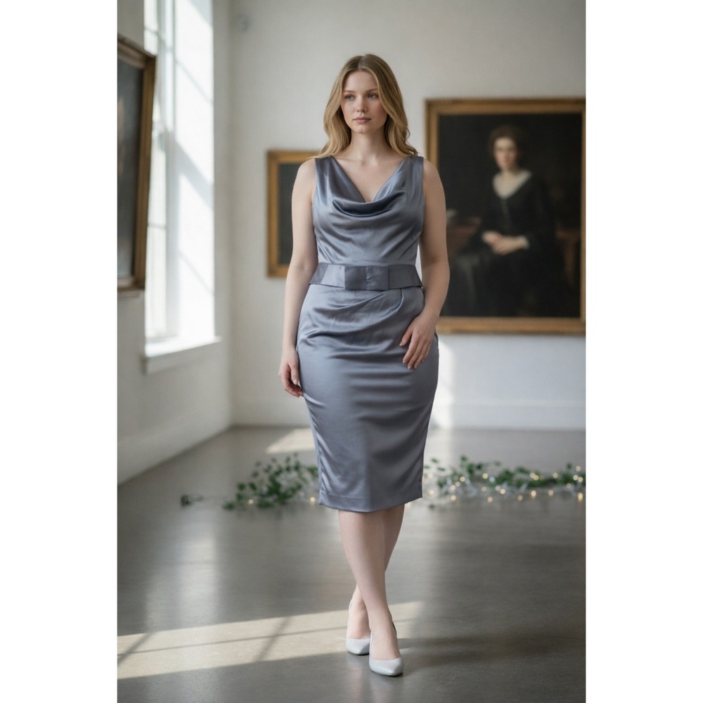 Cocktail Event Midi Dress Career Formal Size 12 Bow Belt Satin Finish Shapewear